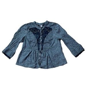 Free People Gray Leopard Boho Hippie Floral Mesh Button Blouse Top Size 2